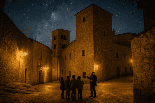 Trujillo de noche durante una ruta guiada Trujillo de noche durante una ruta guiada