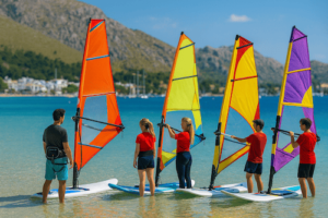 Instructores enseñando windsurf en la bahía